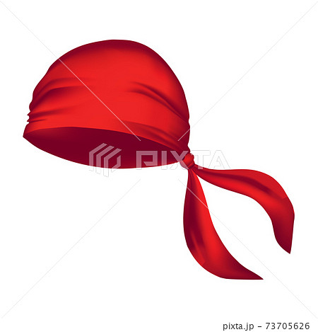 Red realistic bandana on head. Youth fashion. Cowboy garment element template. Headband for bikers sport wind protection, gangster scarf for head mockup. Western clothes 73705626