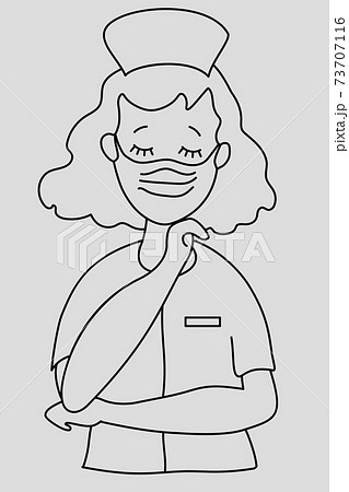 Pandemic concept. Pretty nurse in medical workwear, mask. A doctor saves people from a virus and a pandemic. Vector. outline, line 73707116