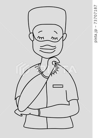 A cute nurse, a doctor with closed eyes in a medical uniform, protective cap, gloves and a mask. Vector. outline, line. Doctor saves people from virus and pandemic A cute nurse, a doctor with closed eyes in a medical uniform, protective cap, gloves and a mask. Vector. outline, line. Doctor saves people from virus and pandemic 73707187