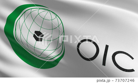 OIC or Organisation of Islamic Cooperation flag blowing in the wind isolated. Official religion abstract design. 3D rendering illustration of waving sign symbol. 73707246