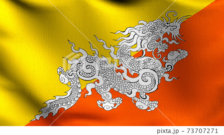 National flag of Bhutan. 3D rendering illustration of waving sign symbol. 73707271