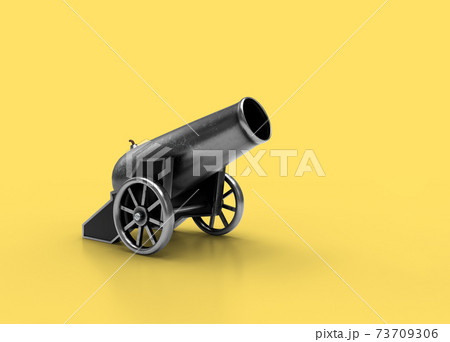 Ancient cannon. 3d Illustration of vintage cannon on a yellow background. Medieval weapons for your design 73709306