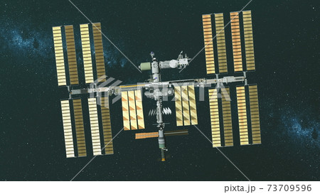 Closeup Earth satellite International Space Station with NASA cosmos discovery. Golden solar panels 73709596