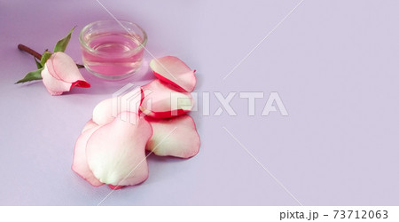 pink flower and rose essential oil on lilac background with copy space. pink flower and rose essential oil on lilac background with copy space. 73712063