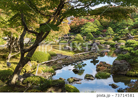 晩秋の和風庭園 池のある広い庭の写真素材