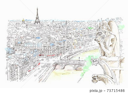 世界遺産の街並み フランス パリ ノートルダム寺院からの俯瞰のイラスト素材
