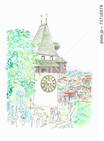 世界遺産の街並み オーストリア グラーツの時計塔のイラスト素材