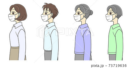 マスクを着けた横向きの男女4人のイラスト素材