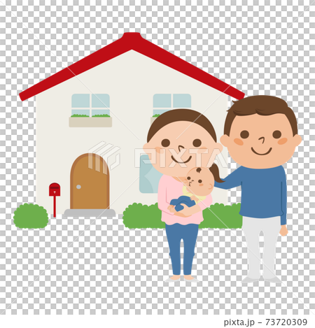 Illustration of a couple, a baby and a house. A happy family who built a new house. 73720309