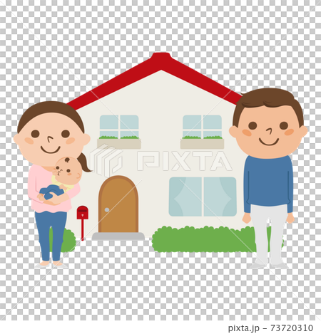 Illustration of a couple, a baby and a house. A happy family who built a new house. 73720310