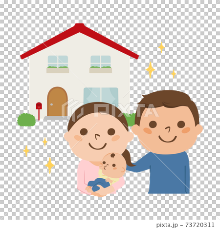 夫婦，嬰孩和房子的例證。一個幸福的家庭，誰蓋了新房子。 73720311