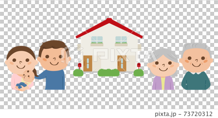 Illustration of a two-family house. Two-family house and two couples to live with their parents. 73720312