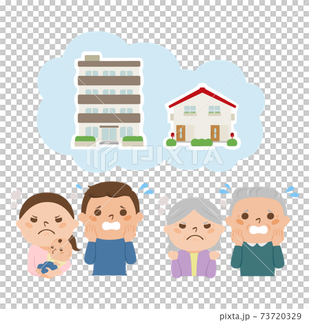 建物と怒る嫁姑のイラスト 一軒家かマンションか トラブル発生で慌ててる夫たち のイラスト素材 建物と怒る嫁姑のイラスト 一軒家かマンションか トラブル発生で慌ててる夫たち のイラスト素材