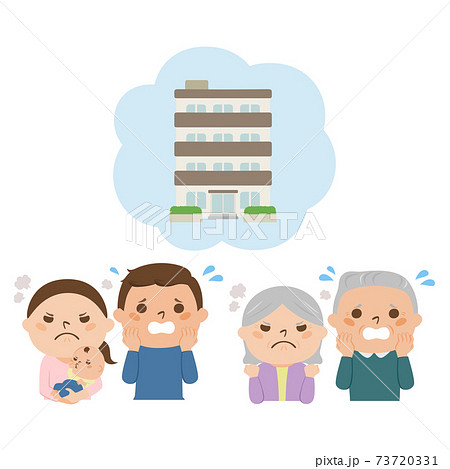 マンションと怒る嫁姑のイラスト。問題が起こって慌ててる夫たち。 マンションと怒る嫁姑のイラスト。問題が起こって慌ててる夫たち。 73720331