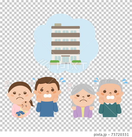 マンションと怒る嫁姑のイラスト。問題が起こって慌ててる夫たち。 マンションと怒る嫁姑のイラスト。問題が起こって慌ててる夫たち。 73720331