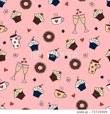 Seamless pattern of vector food items, donuts cupcakes champagne tea. Concept romantic dinner, Valentine's Day. 73720909