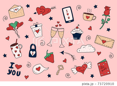 Colored vector items. set Valentine's day and weddings icons doodle. Design for prints, cards and coloring page. 73720910