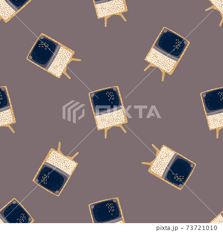 Retro antenna tv seamless pattern in hand drawn style. Dark grey background. Navy blue media ornament. 73721010