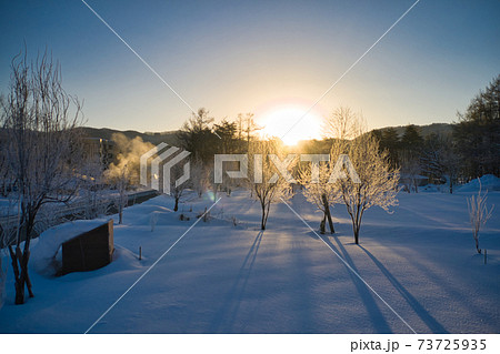 朝日に輝く大楢川沿いの霧氷　長野県白馬村（ドローンによる空撮） 73725935