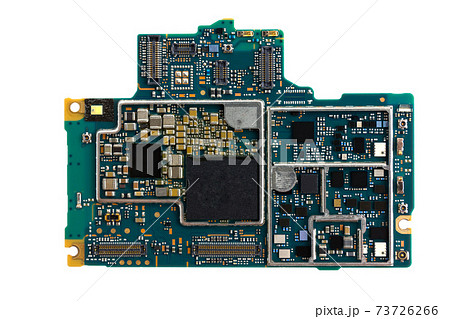 Motherboard for smartphone. Part with microcircuits for the phone on a white background. 73726266