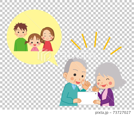 可愛い孫ファミリーにタブレット端末でビデオ通話をするシニアカップルのイラストのイラスト素材 可愛い孫ファミリーにタブレット端末でビデオ通話をするシニアカップルのイラストのイラスト素材