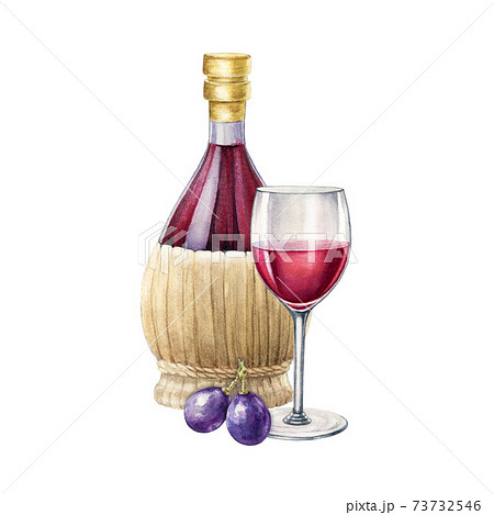 Red wine bottle with wicker bottom, glass and grapes elements. Vintage realistic traditional italy wine container arrangement watercolor illustration. Glass bottle with rustic reed decoration Red wine bottle with wicker bottom, glass and grapes elements. Vintage realistic traditional italy wine container arrangement watercolor illustration. Glass bottle with rustic reed decoration 73732546