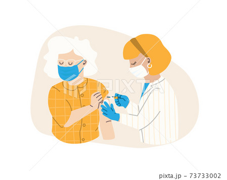 The doctor or nurse injects the vaccine. The patient is an elderly woman. Flu vaccination concept, virus vaccine. Vector flat illustration EPS 10. 73733002