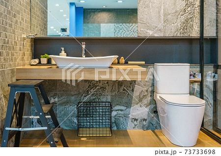 Close up of toilet bathroom interior with white ceramic seat Close up of toilet bathroom interior with white ceramic seat 73733698