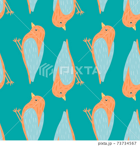 Animal flying seamless pattern with orange colored bird silhouettes. Blue bright background. 73734567