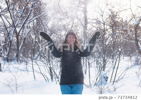 Beautiful woman having fun in snowy forest. Beautiful woman having fun in snowy forest. 73734812