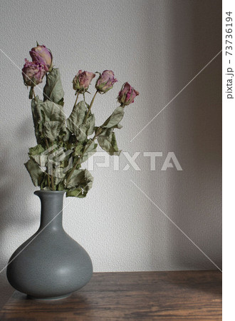 部屋に置かれている花瓶とドライフラワーの写真素材
