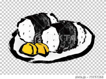 俵型おにぎり2個と漬物の手描き和風イラスト素材 73737168