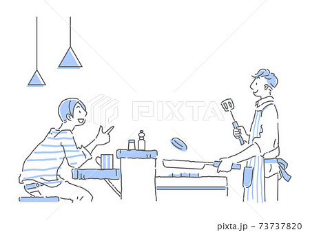カウンターキッチンで料理をしながらおしゃべりをするカップルのシンプルな線画イラスト 男性同士のイラスト素材