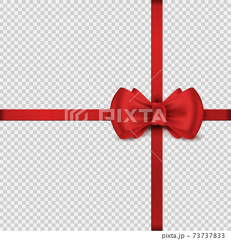 Red satin realistic bow. Scarlet decorative knot and silk ribbons. Wrap element on transparent background. Tie holiday present, fix wrapping paper to box with tape. Vector template Red satin realistic bow. Scarlet decorative knot and silk ribbons. Wrap element on transparent background. Tie holiday present, fix wrapping paper to box with tape. Vector template 73737833