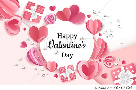 Valentine day background. Paper cut hearts. Realistic round frame and congratulation lettering. Holiday present and shiny diamonds. Vector design of greeting card or promotional banner 73737854