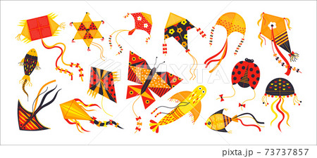 Cartoon kite. Festive toys flying in sky. Red and yellow hovering objects. Animals and geometric shapes with tails waving in wind. Traditional holiday or leisure pastime, vector set Cartoon kite. Festive toys flying in sky. Red and yellow hovering objects. Animals and geometric shapes with tails waving in wind. Traditional holiday or leisure pastime, vector set 73737857