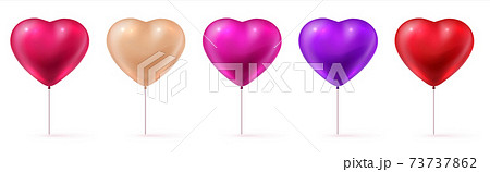 Valentine balloons. Realistic 3D red, pink and purple inflated forms. Heart shaped romantic decorative elements. Glossy presents for children and lovers. Isolated objects, vector set 73737862