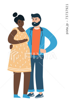 Cartoon characters in pregnancy period. Happy man and pregnant woman expecting baby. People preparing for birth of child. Isolated international multiracial family. Vector cheerful parents Cartoon characters in pregnancy period. Happy man and pregnant woman expecting baby. People preparing for birth of child. Isolated international multiracial family. Vector cheerful parents 73737921