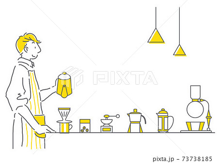 ハンドドリップでコーヒーを淹れるエプロン姿の男性のシンプルな線画イラストのイラスト素材