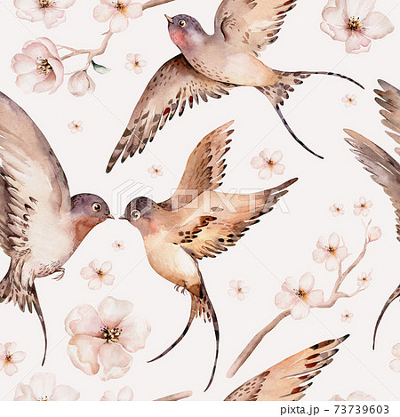 Watercolor spring flying swallows isolated and blossom flowers seamless pattern fabric background 73739603