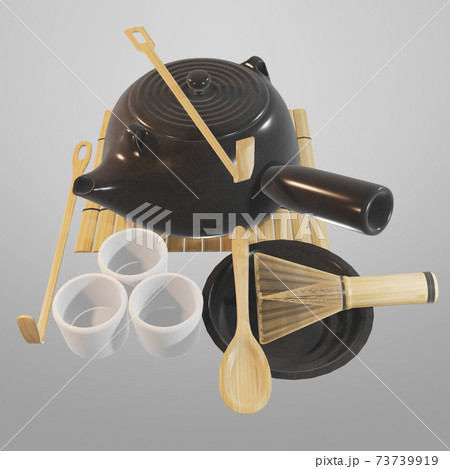 Japanese spoon and chasen bamboo whisk for brewing matcha tea 3d rendering 73739919