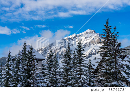 Close up snow-covered Cascade Mountain with snowy forest over blue sky and white clouds in winter sunny day. Banff National Park beautiful landscape. Canadian Rockies, Alberta, Canada. 73741784