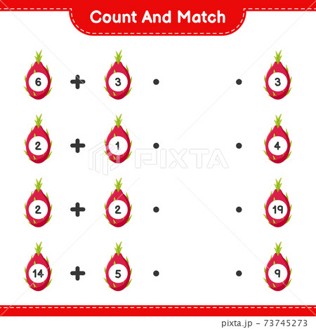Count and match, count the number of Pitaya and match with right numbers. Educational children game, printable worksheet, vector illustration 73745273