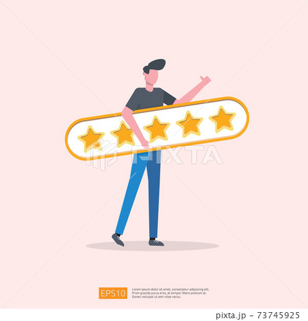 customer evaluating concept with five star good rating feedback. clients satisfaction and positive review experience with stars and flat man vector illustration customer evaluating concept with five star good rating feedback. clients satisfaction and positive review experience with stars and flat man vector illustration 73745925
