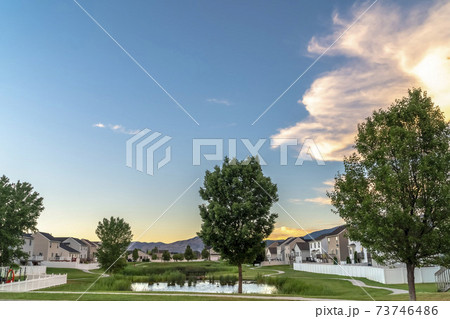 Picturesque landscape with pond in the middle of homes trees and pathways 73746486
