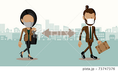距離を空けて通勤するスーツ姿の男性と女性のイラスト のイラスト素材