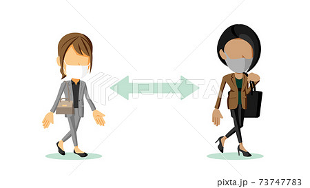 距離を空けて通勤するスーツ姿の女性2人のイラスト のイラスト素材