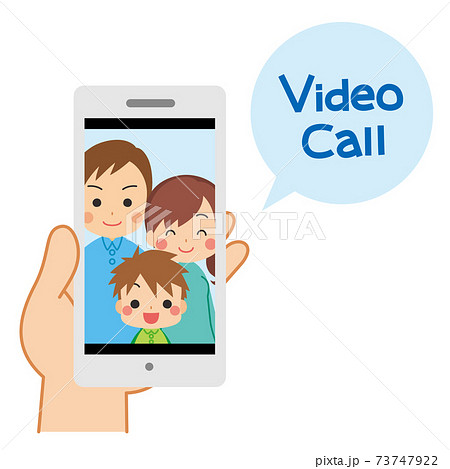 ビデオ通話 可愛い家族 イラスト スマートフォン 手 スマホ画面に映る笑顔のイラスト素材