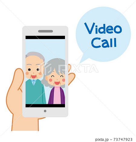 ビデオ通話 可愛いシニアカップル イラスト スマートフォン 手 スマホ画面に映る笑顔のイラスト素材