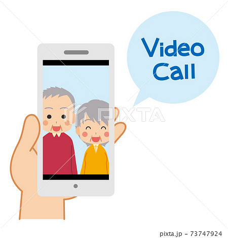 ビデオ通話 可愛いシニアカップル イラスト スマートフォン 手 スマホ画面に映る笑顔のイラスト素材